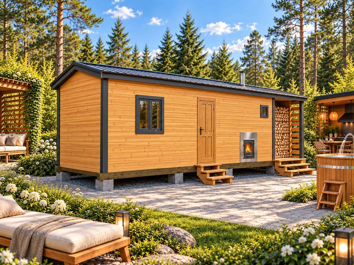 Перевозная каркасная баня с дровником и печкой снаружи 8х2,3